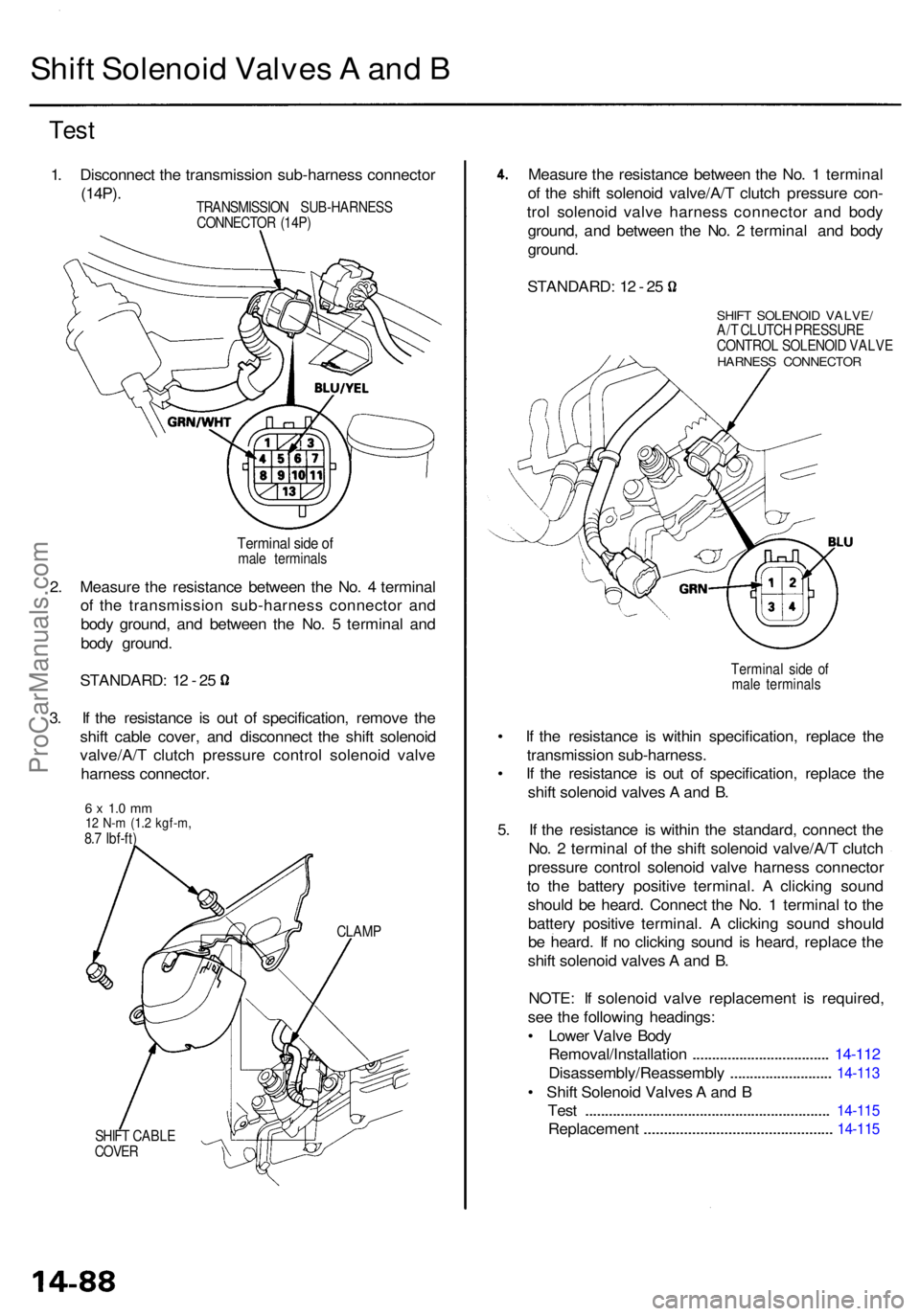 ACURA RL KA9 1996  Service Repair Manual Shift Solenoi d Valve s A  an d B
Tes t
1. Disconnec t th e transmissio n sub-harnes s connecto r
(14P).
2. Measur e th e resistanc e betwee n th e No . 4  termina l
o f th e transmissio n sub-harnes 