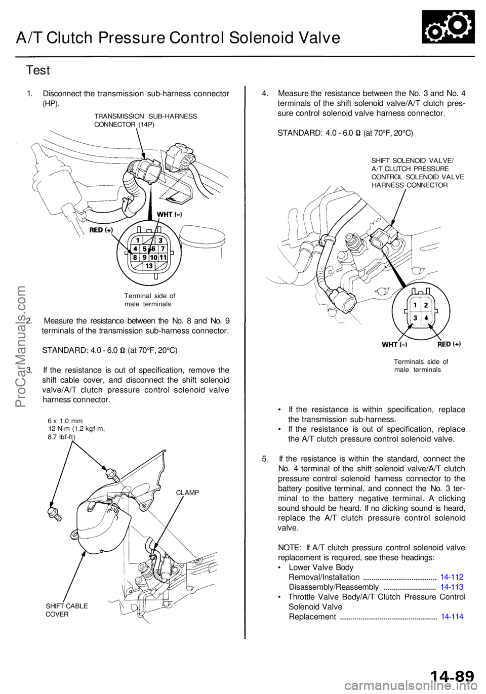 ACURA RL KA9 1996  Service Repair Manual A/T Clutc h Pressur e Contro l Solenoi d Valv e
Test
1. Disconnec t th e transmissio n sub-harnes s connecto r
(HP).
2. Measur e th e resistanc e betwee n th e No . 8  an d No . 9
terminal s o f th e 