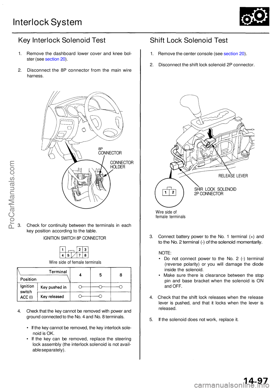 ACURA RL KA9 1996  Service Repair Manual Interlock Syste m
Key Interloc k Solenoi d Tes t
1. Remov e th e dashboar d lowe r cove r an d kne e bol -
ste r (se e sectio n 20 ).
2 . Disconnec t th e 8 P connecto r fro m th e mai n wir e
harness