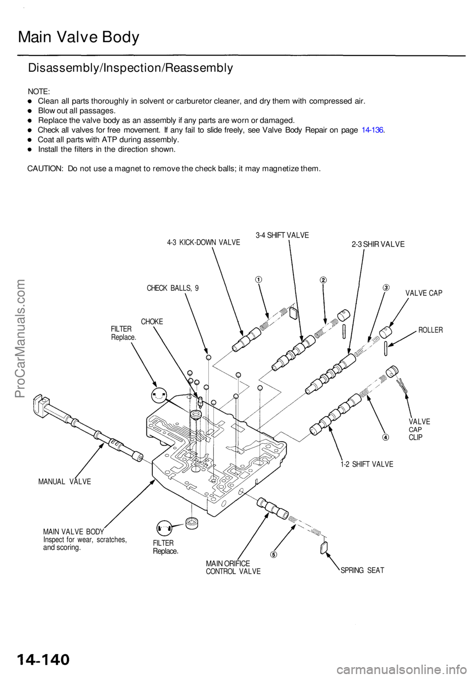 ACURA RL KA9 1996  Service Repair Manual Main Valv e Bod y
Disassembly/Inspection/Reassembl y
NOTE:
Clean al l part s thoroughl y in  solven t o r carbureto r cleaner , an d dr y the m wit h compresse d air .
Blo w ou t al l passages .
Repla