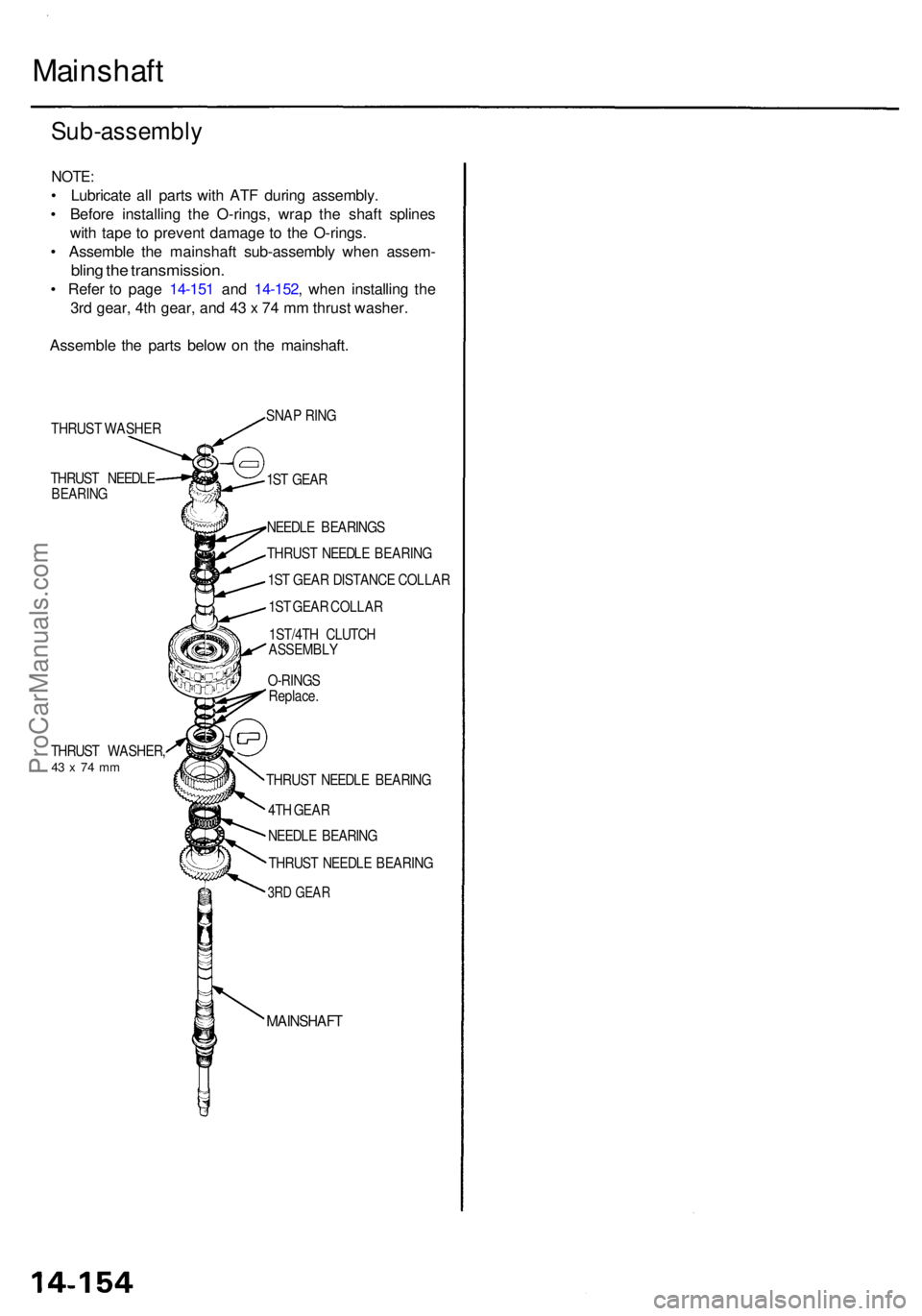 ACURA RL KA9 1996  Service Repair Manual Mainshaft
Sub-assembl y
NOTE:
• Lubricat e al l part s wit h AT F durin g assembly .
•  Befor e installin g th e O-rings , wra p th e shaf t spline s
wit h tap e t o preven t damag e t o th e O-ri