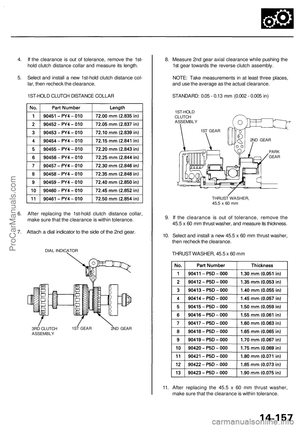 ACURA RL KA9 1996  Service Repair Manual 4. I f th e clearanc e i s ou t o f tolerance , remov e th e 1st -
hol d clutc h distanc e colla r an d measur e it s length .
5 . Selec t an d instal l a  ne w 1st-hol d clutc h distanc e col -
lar ,