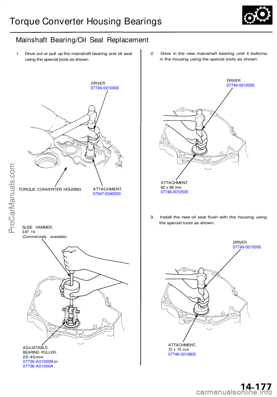 ACURA RL KA9 1996  Service Repair Manual Torque Converte r Housin g Bearing s
Mainshaf t Bearing/Oi l Sea l Replacemen t
1. Driv e ou t o r pul l u p th e mainshaf t bearin g an d oi l sea l
usin g th e specia l tool s a s shown .
DRIVE R077