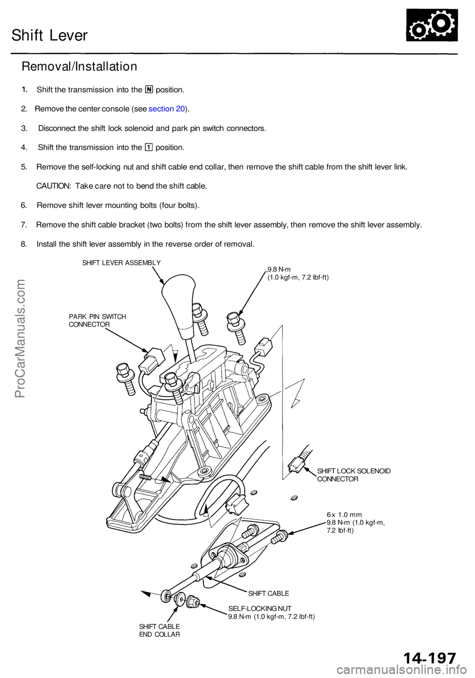 ACURA RL KA9 1996  Service Repair Manual Shift Leve r
PARK PI N SWITC HCONNECTO R
SHIFT LOC K SOLENOI DCONNECTO R
6x 1. 0 m m9.8 N- m (1. 0 kgf-m ,7.2 Ibf-ft )
SHIFT CABL E
SELF-LOCKIN G NU T
9. 8 N- m (1. 0 kgf-m , 7.2 Ibf-ft )
SHIFT CABL E