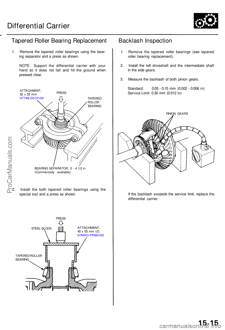 ACURA RL KA9 1996 Service Repair Manual Differential Carrie r
Tapere d Rolle r Bearin g Replacemen t Backlas h Inspectio n
1. Remov e th e tapere d rolle r bearing s usin g th e bear -
in g separator and a pres s a s shown .
NOTE : Suppor ACURA RL KA9 1996 Service Repair Manual Differential Carrie r
Tapere d Rolle r Bearin g Replacemen t Backlas h Inspectio n
1. Remov e th e tapere d rolle r bearing s usin g th e bear -
in g separator and a pres s a s shown .
NOTE : Suppor