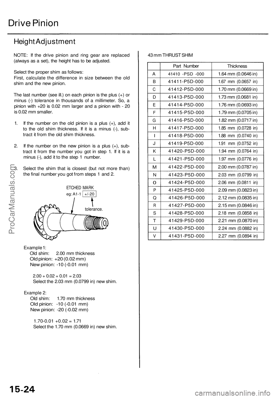 ACURA RL KA9 1996  Service Repair Manual Drive Pinio n
Heigh t Adjustmen t
NOTE: I f th e driv e pinio n an d rin g gea r ar e replace d
(alway s a s a  set) , th e heigh t ha s t o  b e adjusted .
Selec t th e prope r shi m a s follows :
Fi