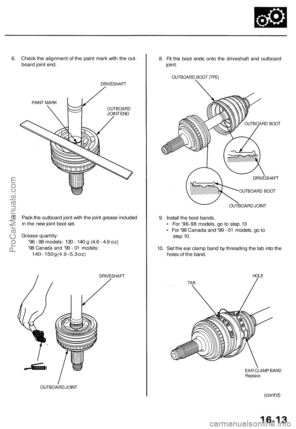 ACURA RL KA9 1996  Service Repair Manual 
6. Check the alignment of the paint mark with the out-

board joint end.

PAINT MARK 
DRIVESHAFT

OUTBOARD

JOINT END

7. Pack the outboard joint with the joint grease included

in the new joint boot