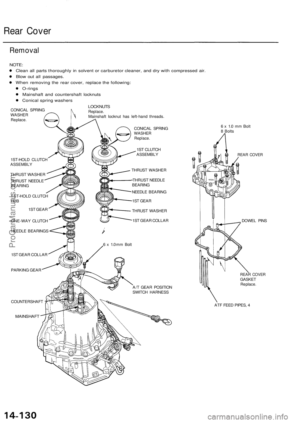 ACURA TL 1995  Service Repair Manual 
Rear Cover

Removal

NOTE:

Clean all parts thoroughly in solvent or carburetor cleaner, and dry with compressed air.

Blow out all passages.

When removing the rear cover, replace the following:

O-