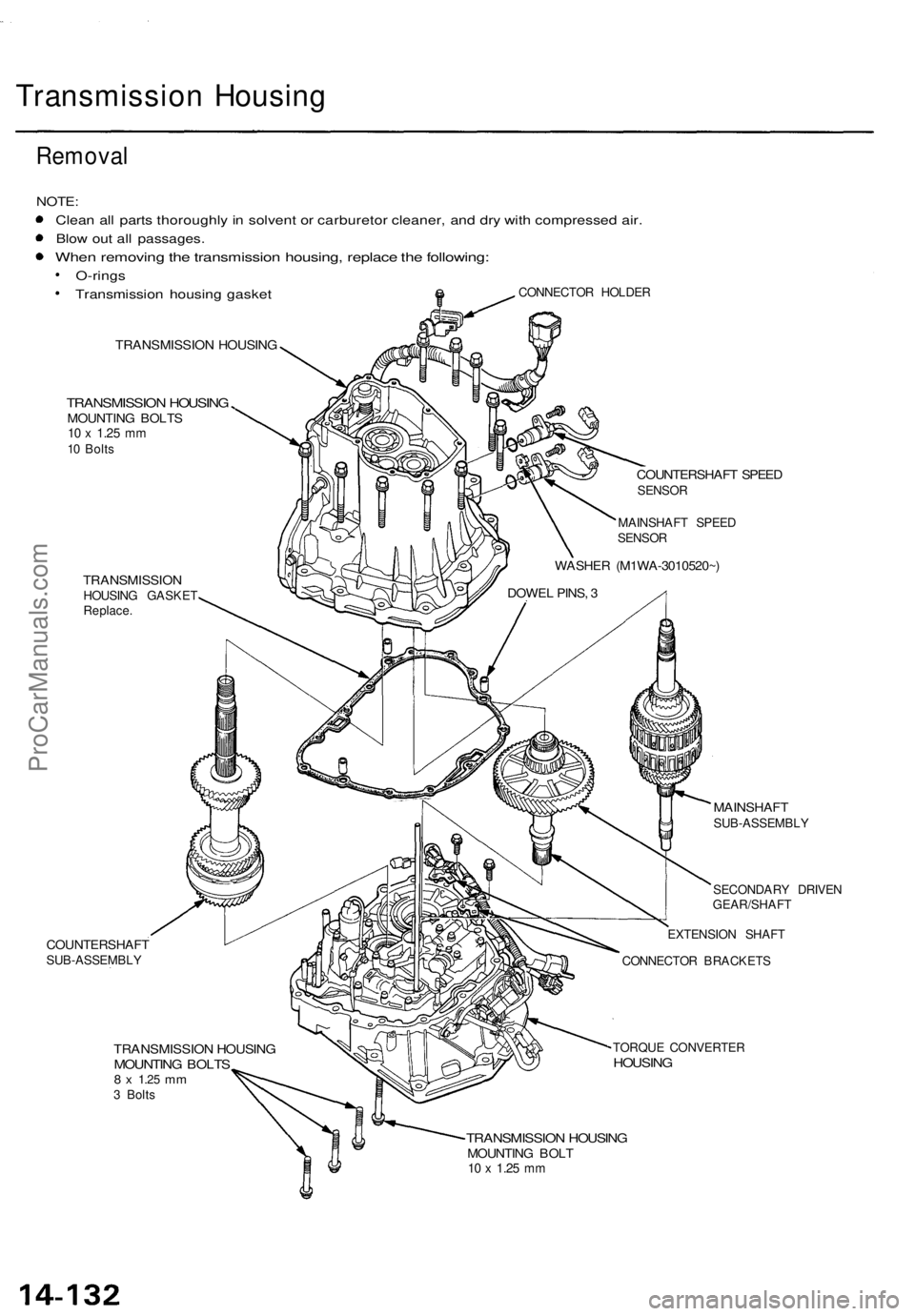 ACURA TL 1995  Service Repair Manual 
Transmission Housing

Removal

NOTE:

Clean all parts thoroughly in solvent or carburetor cleaner, and dry with compressed air.

Blow out all passages.

When removing the transmission housing, replac