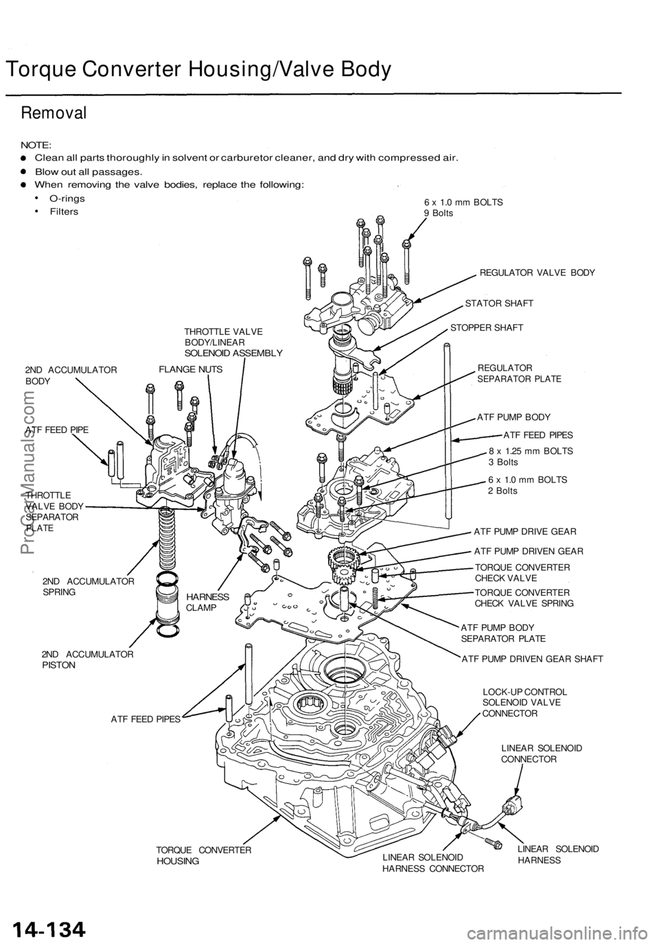 ACURA TL 1995  Service Repair Manual 
Torque Converter Housing/Valve Body

Removal

NOTE:

Clean all parts thoroughly in solvent or carburetor cleaner, and dry with compressed air.

Blow out all passages.

When removing the valve bodies,