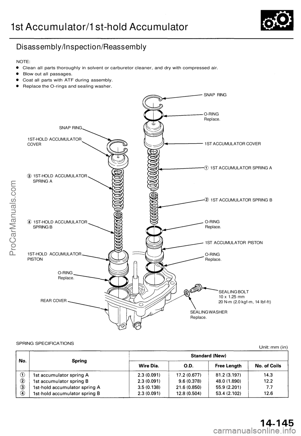 ACURA TL 1995  Service Repair Manual 1st Accumulator/ 1 st-hol d Accumulato r
Disassembly/lnspection/Reassembl y
NOTE:
Clean al l part s thoroughl y i n  solven t o r carbureto r cleaner , an d dr y wit h compresse d air .
Blo w ou t al 