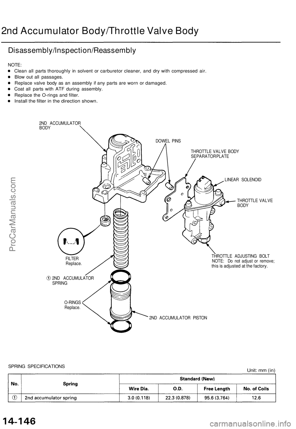 ACURA TL 1995  Service Repair Manual 
2nd Accumulator Body/Throttle Valve Body

NOTE:

Clean all parts thoroughly in solvent or carburetor cleaner, and dry with compressed air.

Blow out all passages.

Replace valve body as an assembly i