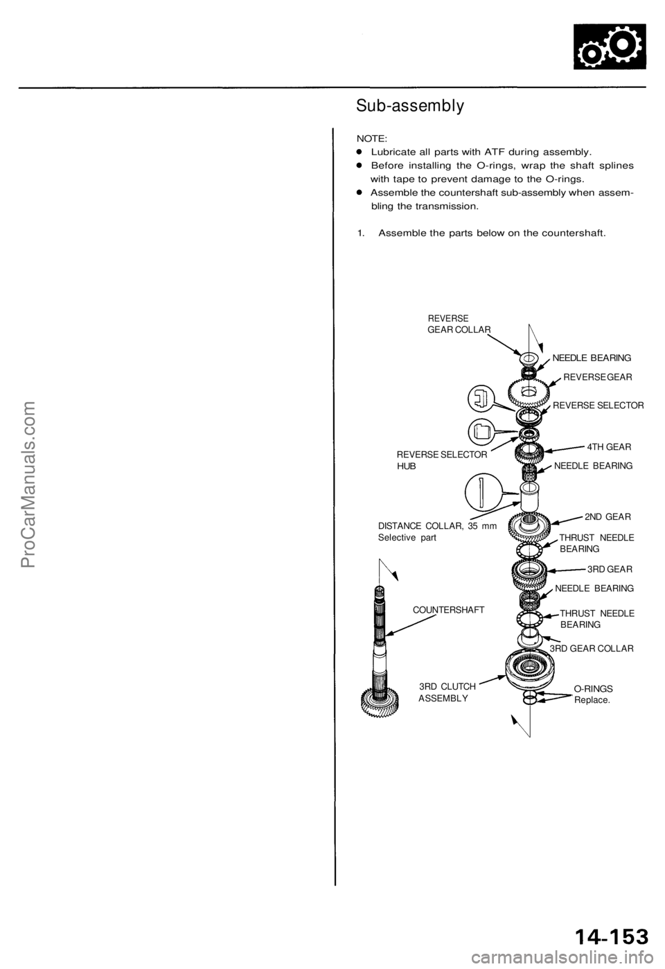 ACURA TL 1995  Service Repair Manual Sub-assembly
NOTE:
Lubricat e al l part s wit h AT F durin g assembly .
Befor e installin g th e O-rings , wra p th e shaf t spline s
wit h tap e t o preven t damag e t o th e O-rings .
Assembl e th e
