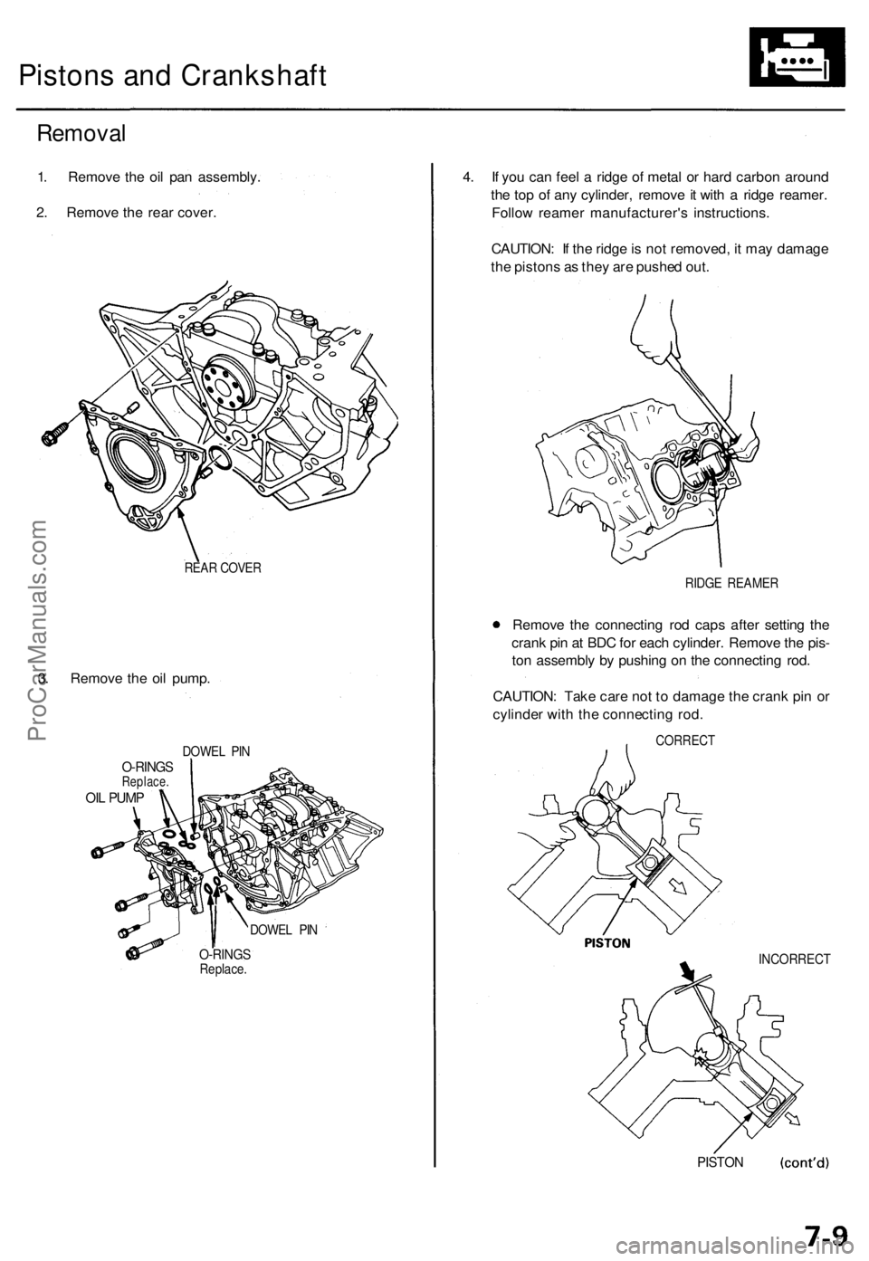 ACURA TL 1995  Service Repair Manual 
Pistons and Crankshaft

Removal

1. Remove the oil pan assembly.

2. Remove the rear cover.

REAR COVER

3. Remove the oil pump.

DOWEL PIN

O-RINGS

Replace.

OIL PUMP

DOWEL PIN

O-RINGS

Replace. 
