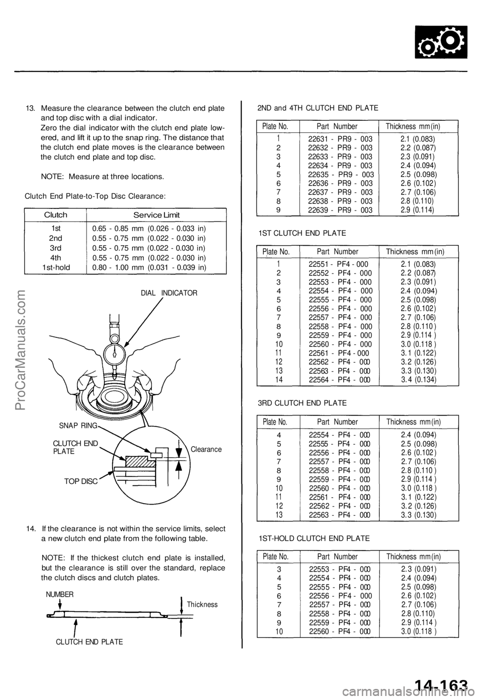 ACURA TL 1995 Service Repair Manual 13. Measur e th e clearanc e betwee n th e clutc h en d plat e
and to p dis c wit h a dia l indicator .
Zero th e dia l indicato r wit h th e clutc h en d plat e low -
ered , an d lif t i t u p to t ACURA TL 1995 Service Repair Manual 13. Measur e th e clearanc e betwee n th e clutc h en d plat e
and to p dis c wit h a dia l indicator .
Zero th e dia l indicato r wit h th e clutc h en d plat e low -
ered , an d lif t i t u p to t