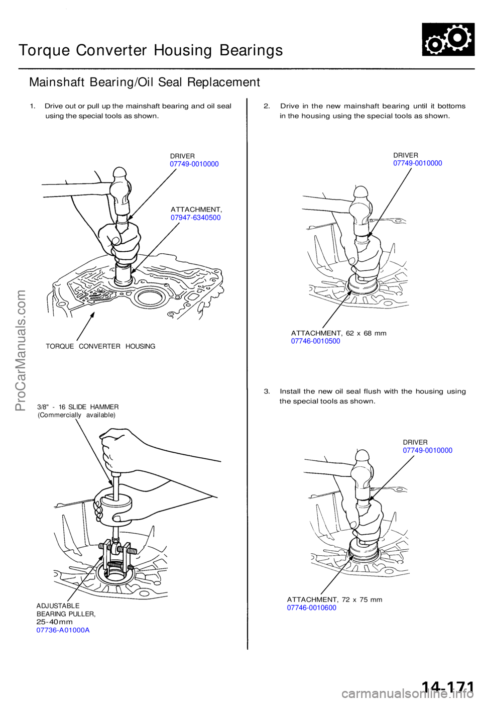 ACURA TL 1995  Service Repair Manual Torque Converte r Housin g Bearing s
Mainshaf t Bearing/Oi l Sea l Replacemen t
1. Driv e ou t o r pul l u p th e mainshaf t bearin g an d oi l sea l
usin g th e specia l tool s a s shown .
DRIVER0774