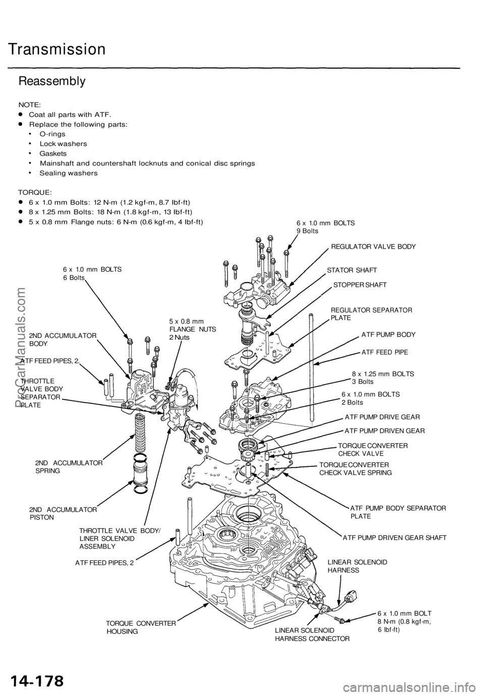 ACURA TL 1995 Service Repair Manual
Transmission
Reassembly
NOTE:
Coat all parts with ATF.
Replace the following parts:
O-rings
Lock washers
Gaskets
Mainshaft and countershaft locknuts and conical disc springs
Sealing washers
ACURA TL 1995 Service Repair Manual
Transmission
Reassembly
NOTE:
Coat all parts with ATF.
Replace the following parts:
O-rings
Lock washers
Gaskets
Mainshaft and countershaft locknuts and conical disc springs
Sealing washers