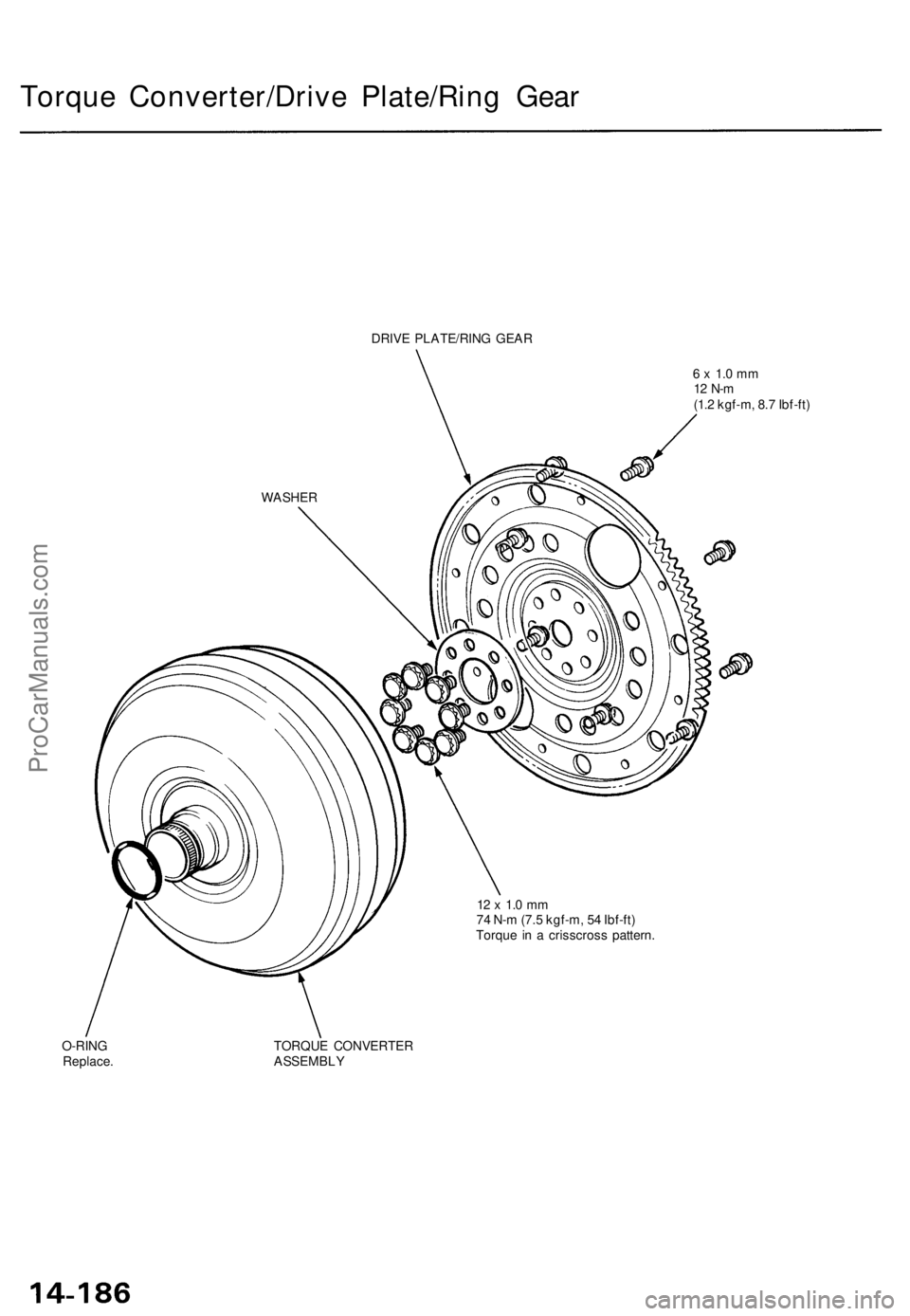 ACURA TL 1995  Service Repair Manual Torque Converter/Driv e Plate/Rin g Gea r
DRIVE PLATE/RIN G GEA R
6 x  1. 0 m m12  N- m(1.2 kgf-m , 8. 7 Ibf-ft )
12  x  1. 0 m m74 N- m (7. 5 kgf-m , 5 4 Ibf-ft )
Torqu e i n a  crisscros s pattern .