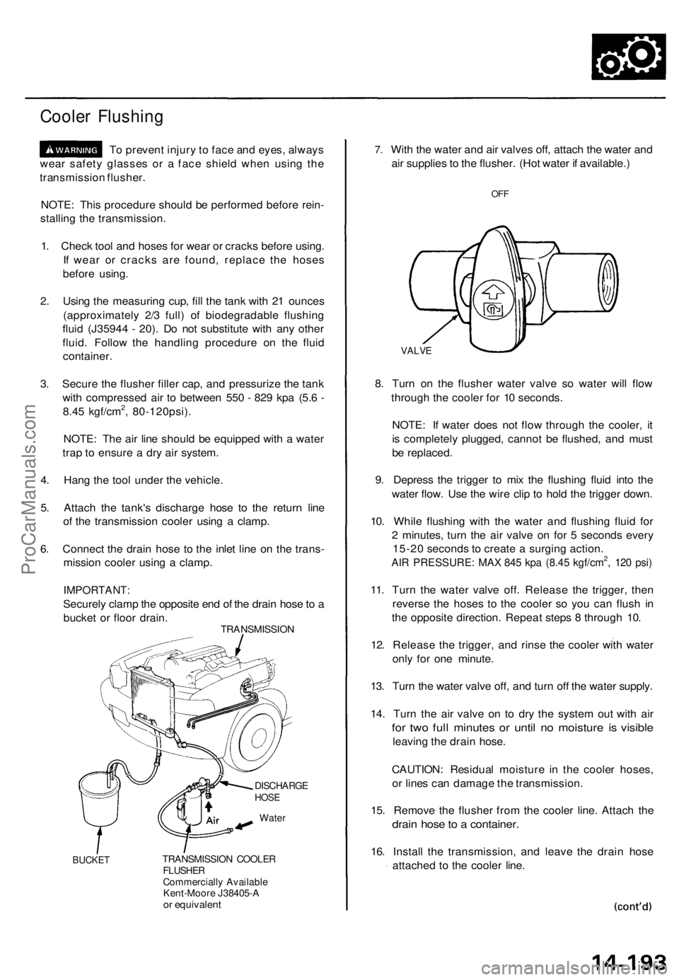 ACURA TL 1995 Service Repair Manual Cooler Flushin g
To preven t injur y to fac e an d eyes , alway s
wea r safet y glasse s o r a fac e shiel d whe n usin g th e
transmissio n flusher .
NOTE : Thi s procedur e shoul d b e performe d ACURA TL 1995 Service Repair Manual Cooler Flushin g
To preven t injur y to fac e an d eyes , alway s
wea r safet y glasse s o r a fac e shiel d whe n usin g th e
transmissio n flusher .
NOTE : Thi s procedur e shoul d b e performe d