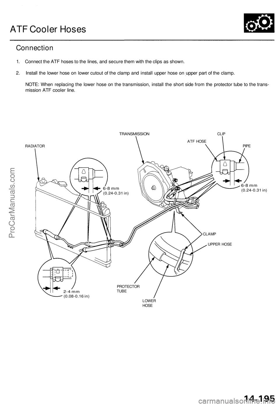 ACURA TL 1995  Service Repair Manual 
ATF Cooler Hoses

Connection

1. Connect the ATF hoses to the lines, and secure them with the clips as shown.

2. Install the lower hose on lower cutout of the clamp and install upper hose on upper p