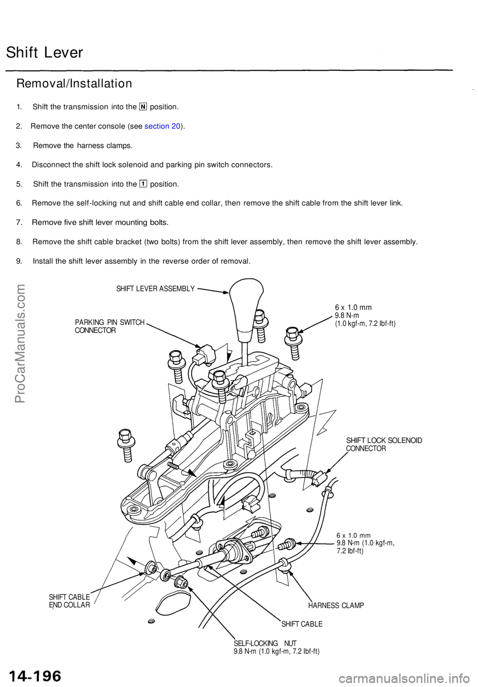 ACURA TL 1995 Service Repair Manual Shift Leve r
Removal/Installatio n
1. Shif t th e transmissio n int o th e position .
2 . Remov e th e cente r consol e (se e sectio n 20 ).
3 . Remov e th e harnes s clamps .
4 . Disconnec t th e shi ACURA TL 1995 Service Repair Manual Shift Leve r
Removal/Installatio n
1. Shif t th e transmissio n int o th e position .
2 . Remov e th e cente r consol e (se e sectio n 20 ).
3 . Remov e th e harnes s clamps .
4 . Disconnec t th e shi