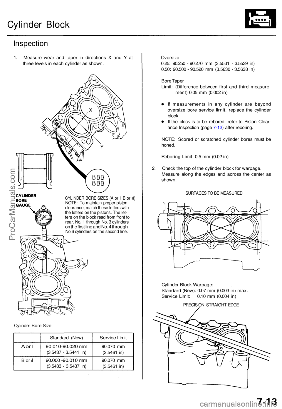 ACURA TL 1995 Service Repair Manual Cylinder Bloc k
Inspectio n
1. Measur e wea r an d tape r i n direction s X an d Y at
thre e level s in eac h cylinde r a s shown .
CYLINDE R BOR E SIZE S (A o r I , B or )NOTE : T o maintai n pr ACURA TL 1995 Service Repair Manual Cylinder Bloc k
Inspectio n
1. Measur e wea r an d tape r i n direction s X an d Y at
thre e level s in eac h cylinde r a s shown .
CYLINDE R BOR E SIZE S (A o r I , B or )NOTE : T o maintai n pr