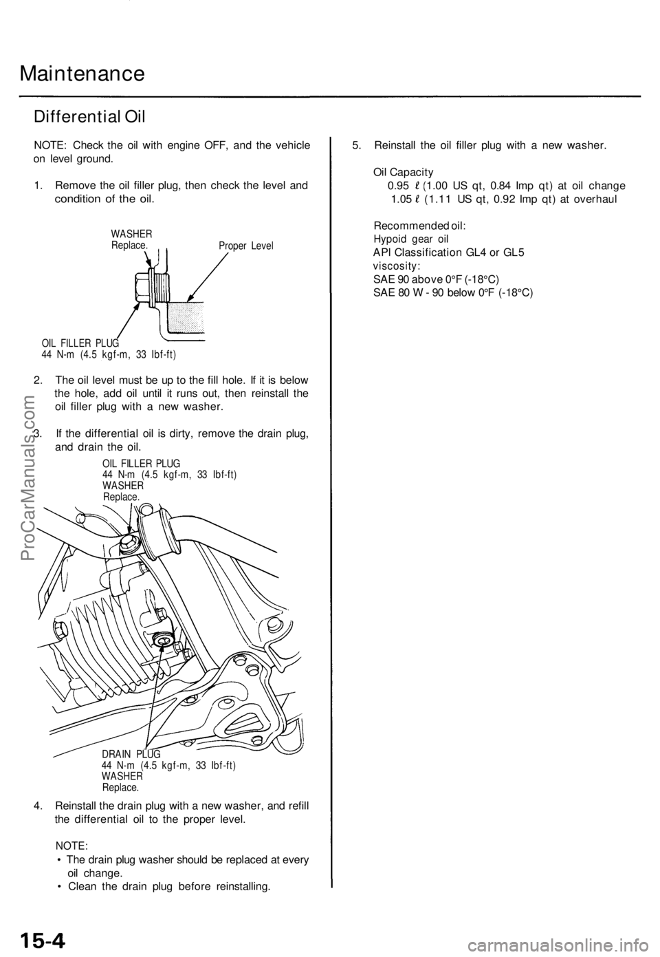 ACURA TL 1995 Service Repair Manual Maintenance
Differential Oi l
NOTE : Chec k th e oi l wit h engin e OFF , an d th e vehicl e
o n leve l ground .
1 . Remov e th e oi l fille r plug , the n chec k th e leve l an d
conditio n o f th e ACURA TL 1995 Service Repair Manual Maintenance
Differential Oi l
NOTE : Chec k th e oi l wit h engin e OFF , an d th e vehicl e
o n leve l ground .
1 . Remov e th e oi l fille r plug , the n chec k th e leve l an d
conditio n o f th e