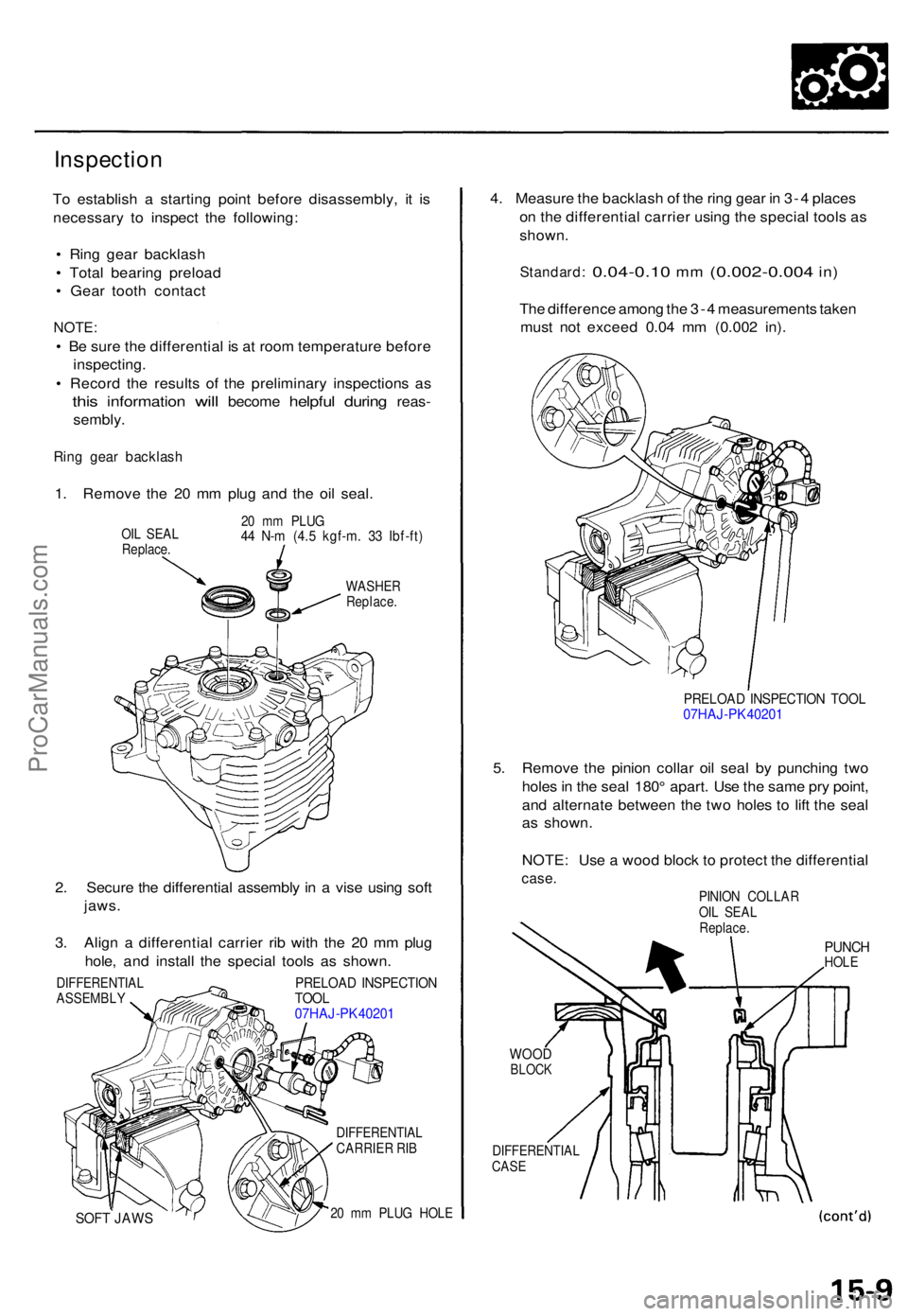 ACURA TL 1995 Service Repair Manual Inspection
To establis h a startin g poin t befor e disassembly , i t i s
necessar y t o inspec t th e following :
• Rin g gea r backlas h
• Tota l bearin g preloa d
• Gea r toot h contac t
ACURA TL 1995 Service Repair Manual Inspection
To establis h a startin g poin t befor e disassembly , i t i s
necessar y t o inspec t th e following :
• Rin g gea r backlas h
• Tota l bearin g preloa d
• Gea r toot h contac t