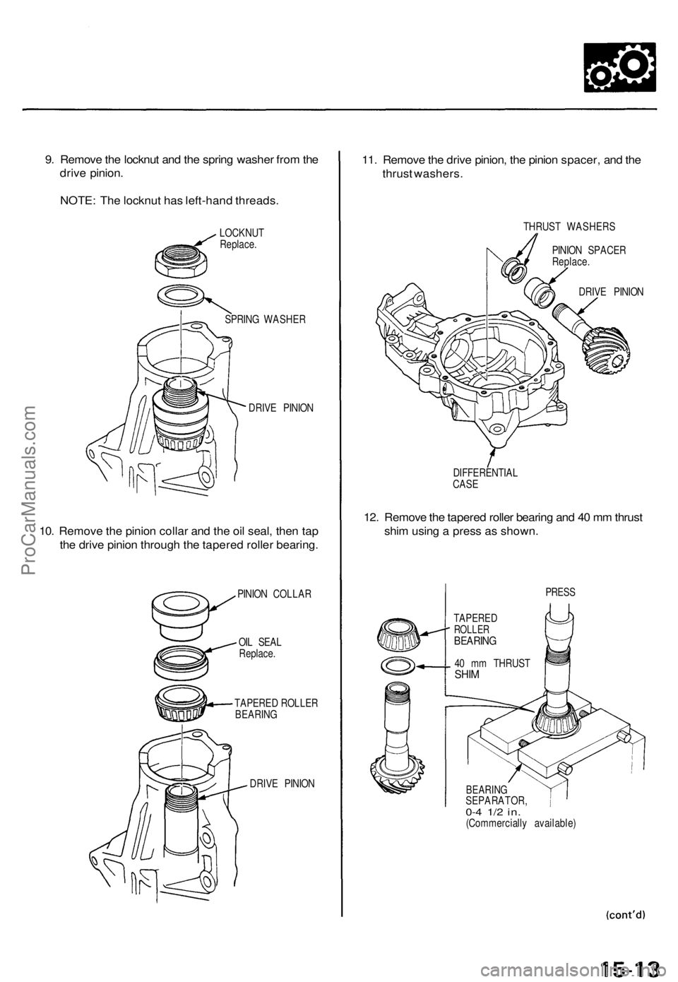 ACURA TL 1995  Service Repair Manual 9. Remov e th e locknu t an d th e sprin g washe r fro m th e
driv e pinion .
NOTE : Th e locknu t ha s left-han d threads .
LOCKNU T
Replace .
SPRIN G WASHE R
DRIV E PINIO N
10. Remov e th e pinio n 