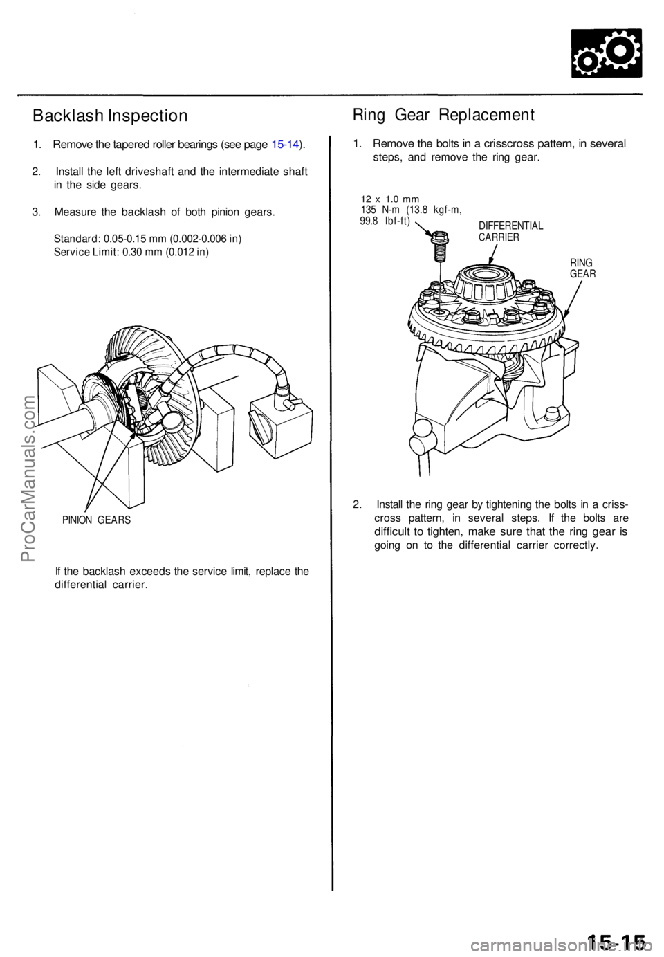 ACURA TL 1995  Service Repair Manual Backlash Inspectio n
1. Remov e th e tapere d rolle r bearing s (se e pag e 15-14 ).
2 . Instal l th e lef t driveshaf t an d th e intermediat e shaf t
i n  th e sid e gears .
3 . Measur e th e backla
