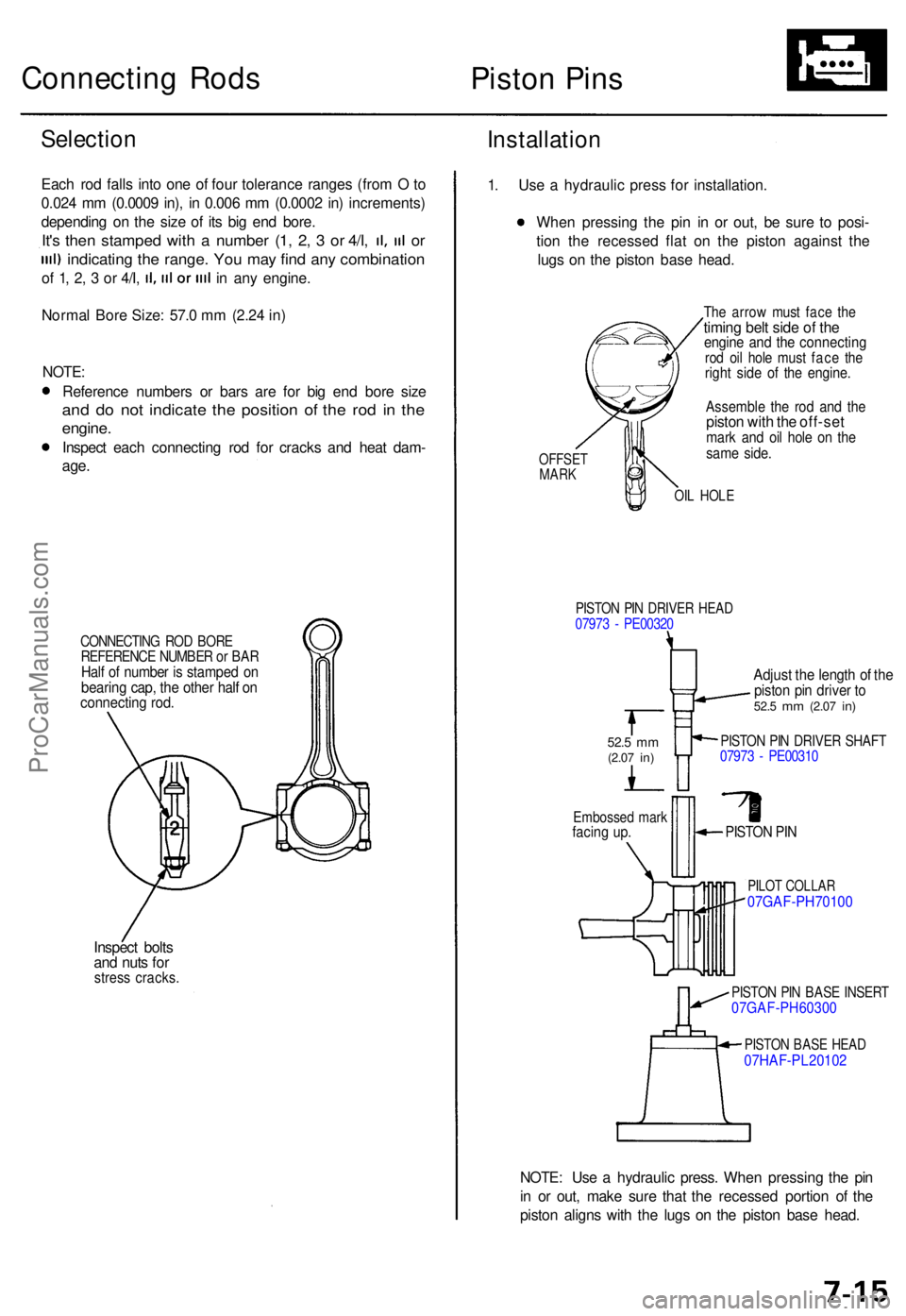 ACURA TL 1995 Service Repair Manual Connecting Rod s
Piston Pin s
Selectio n
Installation
Each ro d fall s int o on e o f fou r toleranc e range s (fro m O to
0.02 4 m m (0.000 9 in) , i n 0.00 6 m m (0.000 2 in ) increments )
dependin ACURA TL 1995 Service Repair Manual Connecting Rod s
Piston Pin s
Selectio n
Installation
Each ro d fall s int o on e o f fou r toleranc e range s (fro m O to
0.02 4 m m (0.000 9 in) , i n 0.00 6 m m (0.000 2 in ) increments )
dependin