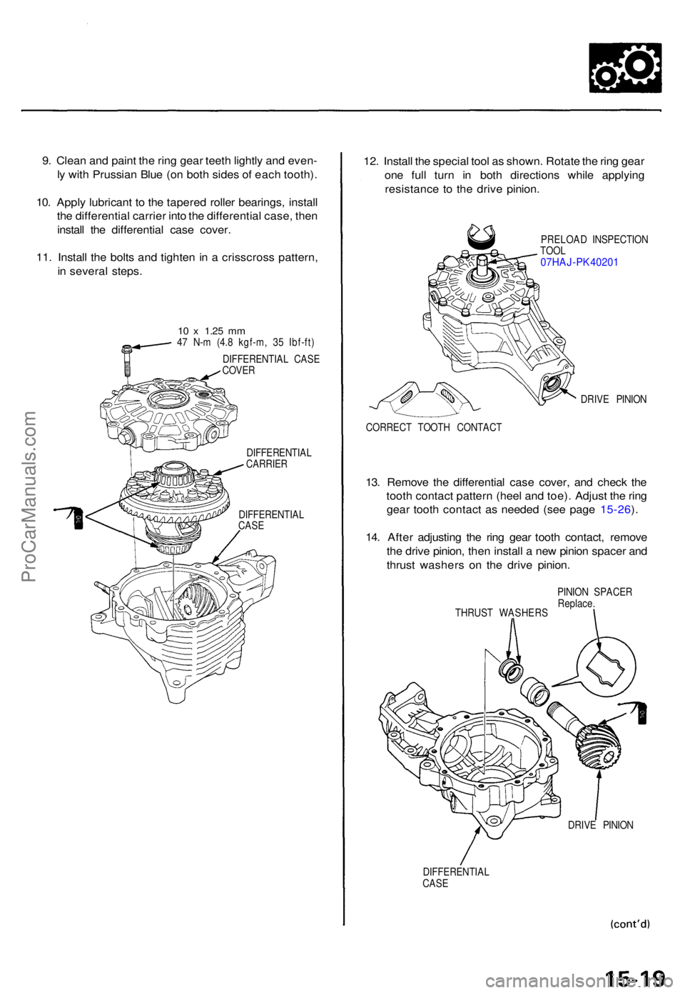 ACURA TL 1995  Service Repair Manual 9. Clea n an d pain t th e rin g gea r teet h lightl y an d even -
l y  wit h Prussia n Blu e (o n bot h side s o f eac h tooth) .
10 . Appl y lubrican t t o th e tapere d rolle r bearings , instal l
