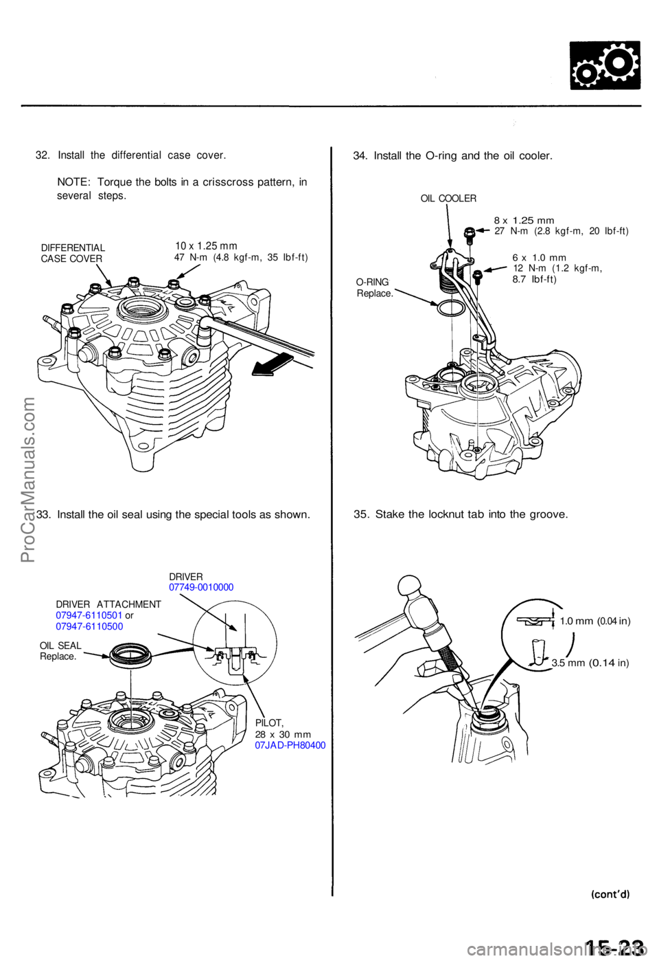 ACURA TL 1995  Service Repair Manual 32. Instal l th e differentia l cas e cover .
NOTE: Torqu e th e bolt s i n  a  crisscros s pattern , i n
severa l steps .
DIFFERENTIA L
CAS E COVE R10 x  1.2 5 m m47  N- m (4. 8 kgf-m , 3 5 Ibf-ft )
