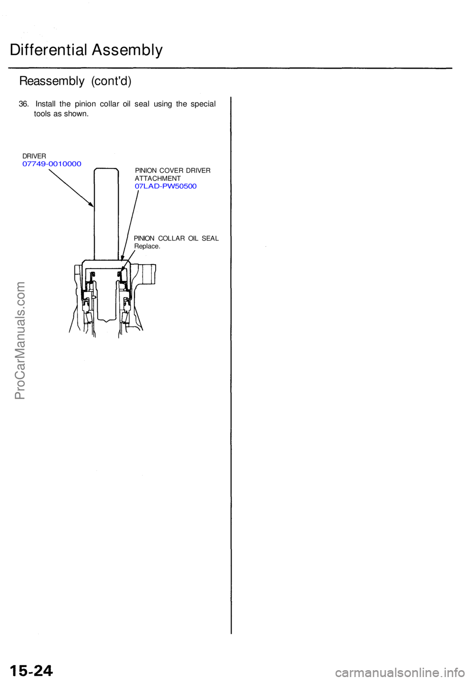 ACURA TL 1995  Service Repair Manual Differential Assembl y
Reassembl y (cont'd )
36. Instal l th e pinio n colla r oi l sea l usin g th e specia l
tool s a s shown .
DRIVER07749-001000 0PINION COVE R DRIVE R
ATTACHMEN T
07LAD-PW5050