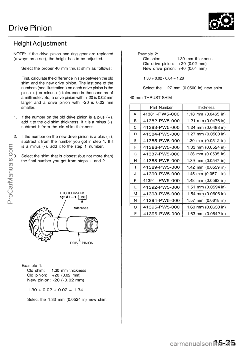 ACURA TL 1995 Service Repair Manual Drive Pinio n
Heigh t Adjustmen t
NOTE: I f th e driv e pinio n an d rin g gea r ar e replace d
(alway s a s a set) , th e heigh t ha s t o b e adjusted .
Selec t th e prope r 4 0 m m thrus t shi m a ACURA TL 1995 Service Repair Manual Drive Pinio n
Heigh t Adjustmen t
NOTE: I f th e driv e pinio n an d rin g gea r ar e replace d
(alway s a s a set) , th e heigh t ha s t o b e adjusted .
Selec t th e prope r 4 0 m m thrus t shi m a