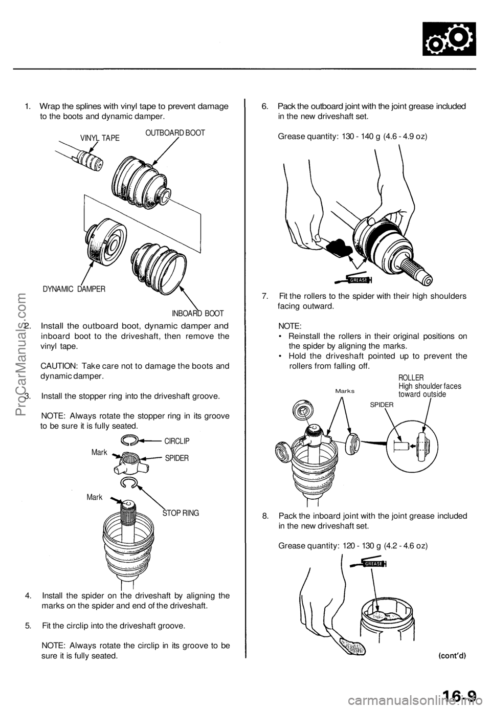 ACURA TL 1995 Service Repair Manual 1. Wra p th e spline s wit h viny l tap e to preven t damag e
to th e boot s an d dynami c damper .
VINYL TAP E OUTBOAR
D BOO T
DYNAMI C DAMPE R
INBOARD BOO T
2. Instal l th e outboar d boot , dynam ACURA TL 1995 Service Repair Manual 1. Wra p th e spline s wit h viny l tap e to preven t damag e
to th e boot s an d dynami c damper .
VINYL TAP E OUTBOAR
D BOO T
DYNAMI C DAMPE R
INBOARD BOO T
2. Instal l th e outboar d boot , dynam