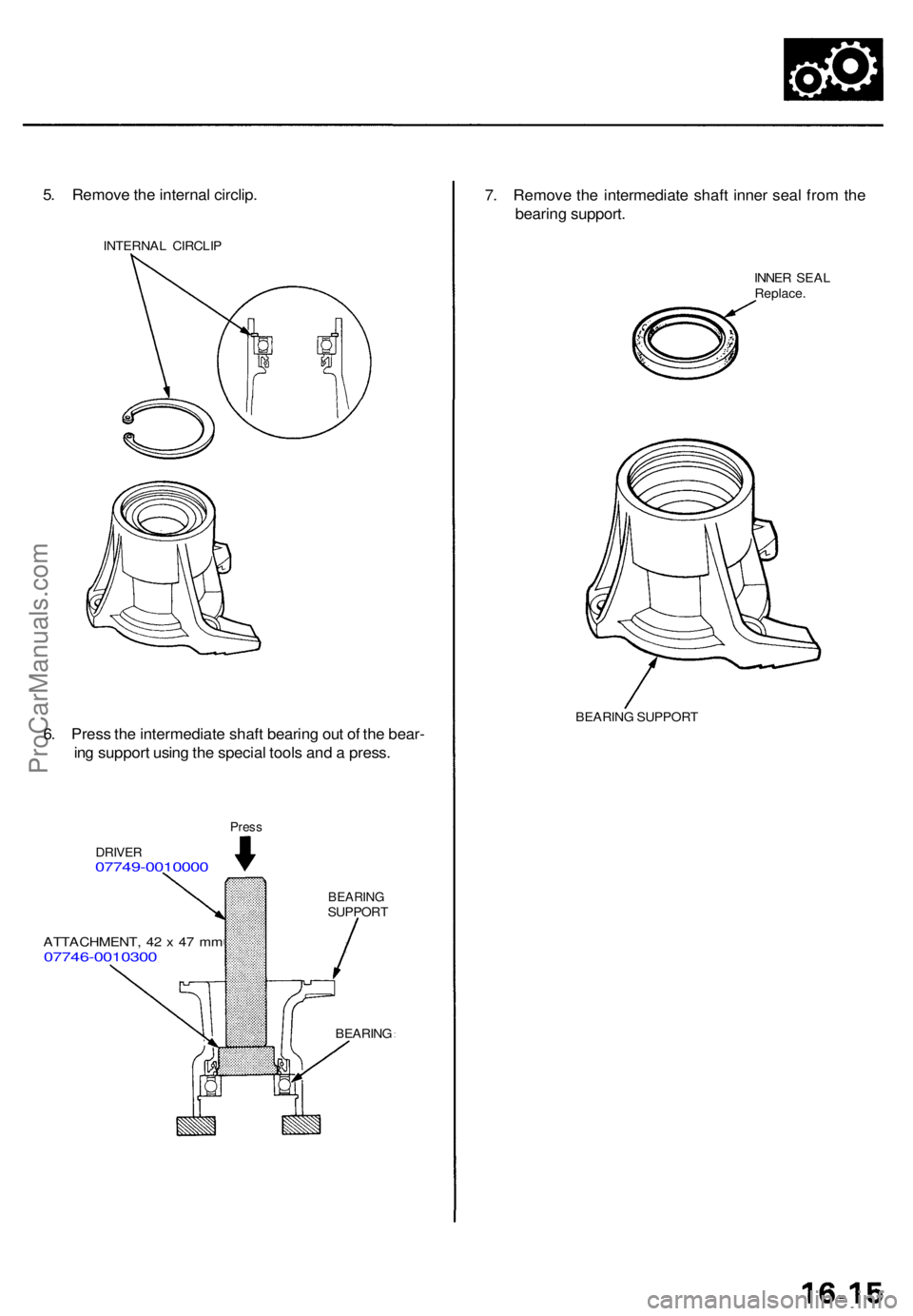 ACURA TL 1995  Service Repair Manual 5. Remov e th e interna l circlip .
INTERNA L CIRCLI P
6. Pres s th e intermediat e shaf t bearin g ou t o f th e bear -
in g suppor t usin g th e specia l tool s an d a  press .
Press
DRIVE R07749-00