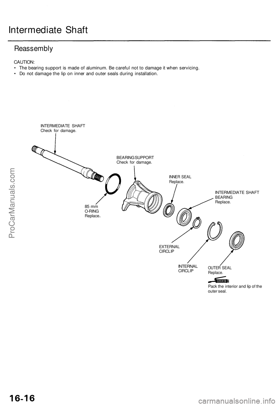 ACURA TL 1995  Service Repair Manual Intermediate Shaf t
Reassembl y
CAUTION:
•  Th e bearin g suppor t i s  mad e o f aluminum . B e carefu l no t t o  damag e it whe n servicing .
•  D o no t damag e th e li p o n inne r an d oute 