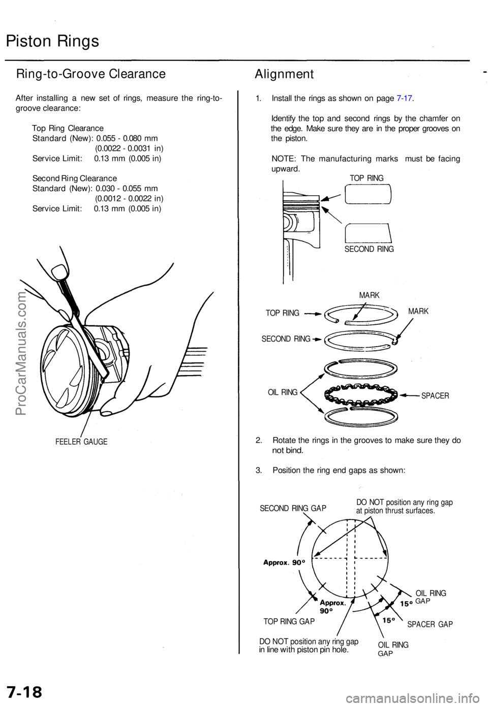 ACURA TL 1995 Service Repair Manual Piston Ring s
Ring-to-Groov e Clearanc e
After installin g a ne w se t o f rings , measur e th e ring-to -
groov e clearance :
To p Rin g Clearanc e
Standar d (New) : 0.05 5 - 0.08 0 m m
(0.002 2 - ACURA TL 1995 Service Repair Manual Piston Ring s
Ring-to-Groov e Clearanc e
After installin g a ne w se t o f rings , measur e th e ring-to -
groov e clearance :
To p Rin g Clearanc e
Standar d (New) : 0.05 5 - 0.08 0 m m
(0.002 2 -