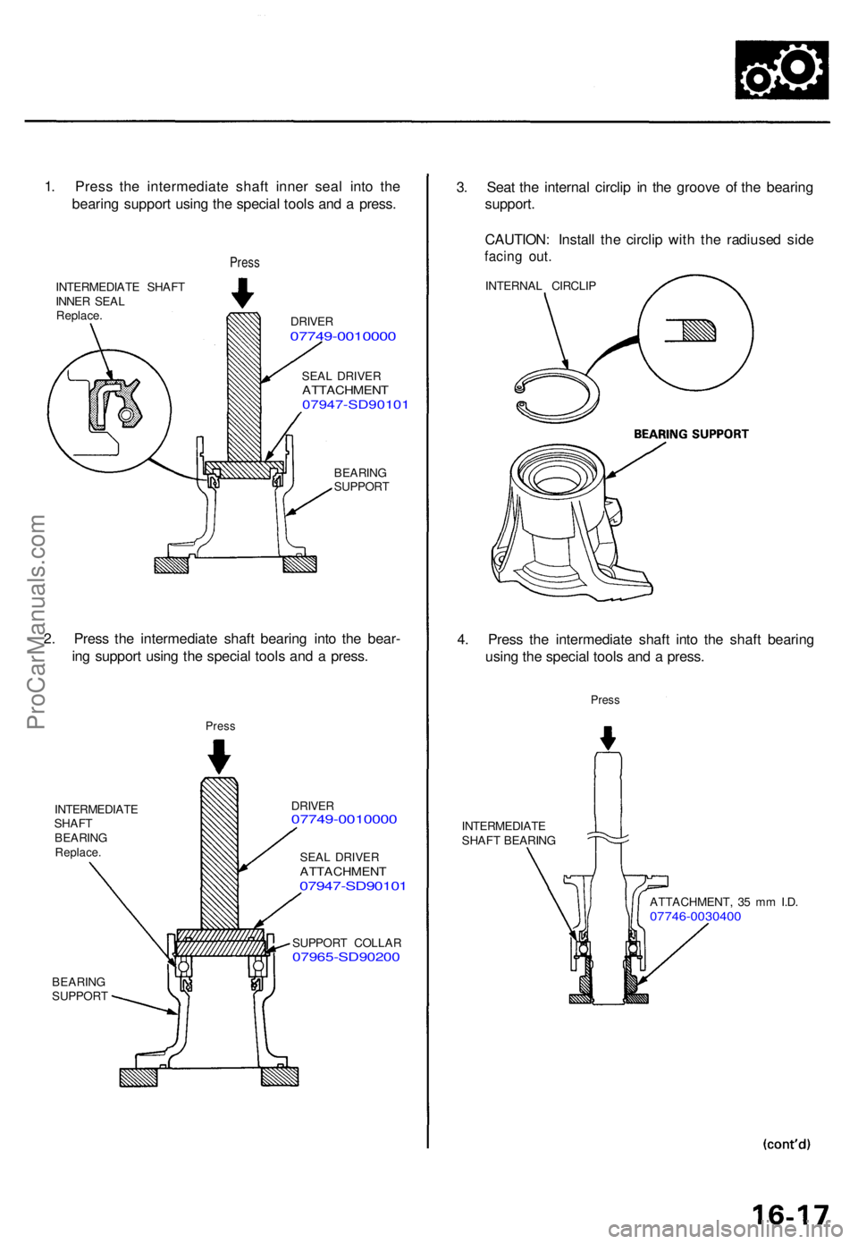 ACURA TL 1995  Service Repair Manual 1. Pres s th e intermediat e shaf t inne r sea l int o th e
bearin g suppor t usin g th e specia l tool s an d a  press .
Press
INTERMEDIAT E SHAF T
INNE R SEA L
Replace .DRIVER07749-001000 0
SEAL DRI