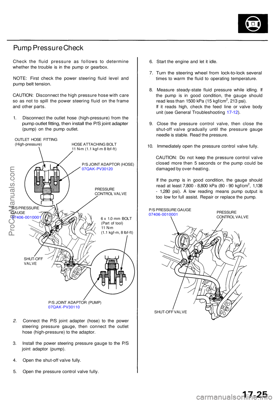 ACURA TL 1995  Service Repair Manual Pump Pressur e Chec k
Chec k th e flui d pressur e a s follow s t o determin e
whethe r th e troubl e i s i n th e pum p o r gearbox .
NOTE : Firs t chec k th e powe r steerin g flui d leve l an d
pum