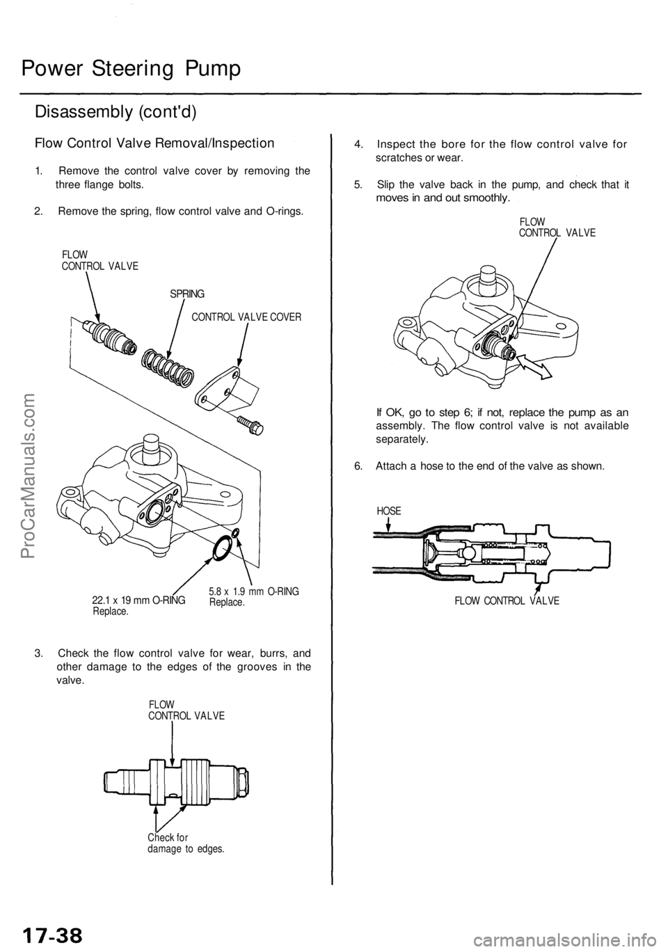 ACURA TL 1995  Service Repair Manual Power Steerin g Pum p
Disassembl y (cont'd )
Flow Contro l Valv e Removal/Inspectio n
1. Remov e th e contro l valv e cove r b y removin g th e
thre e flang e bolts .
2 . Remov e th e spring , flo