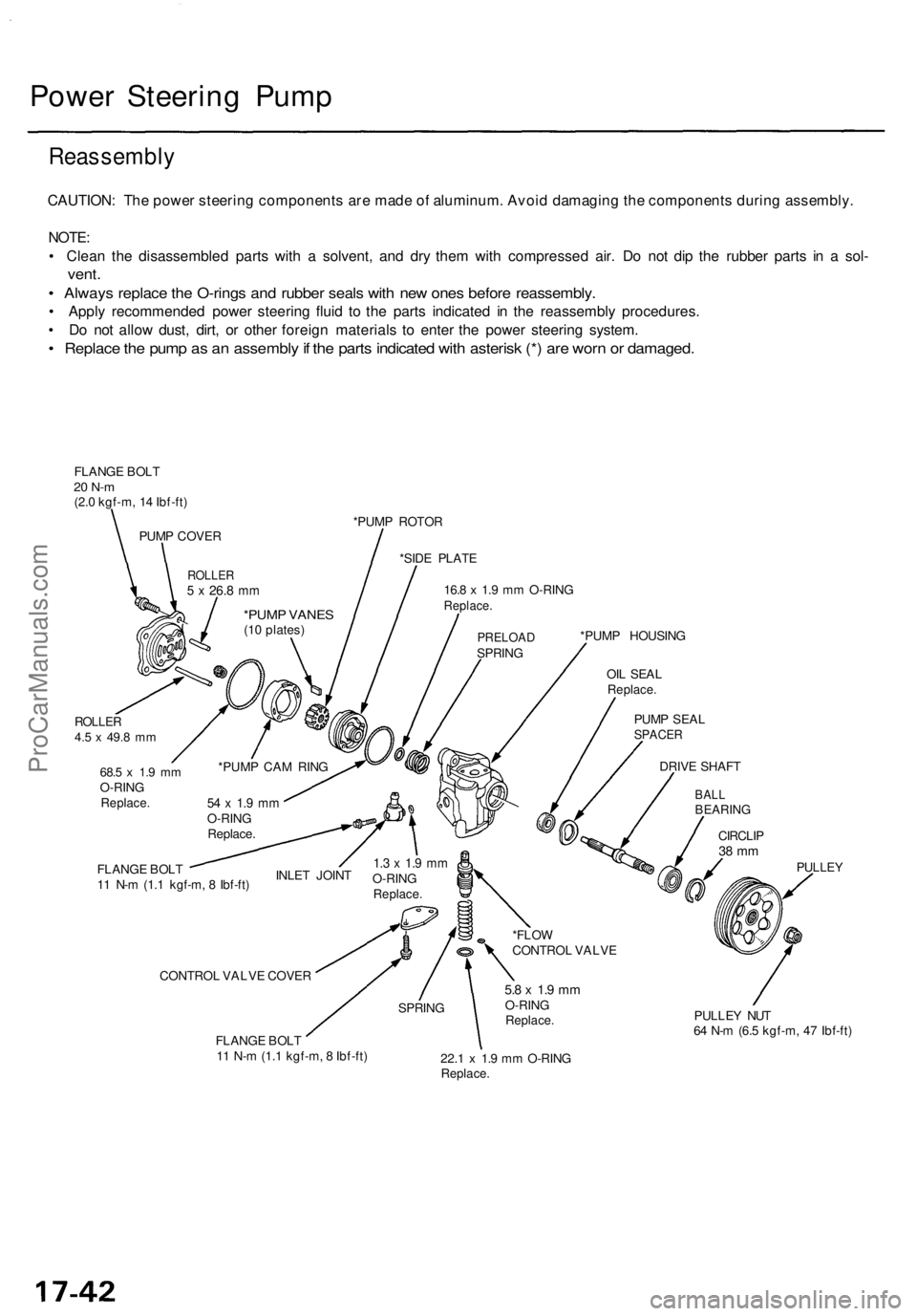 ACURA TL 1995 Service Repair Manual Power Steerin g Pum p
Reassembl y
CAUTION: Th e powe r steerin g component s ar e mad e o f aluminum . Avoi d damagin g th e component s durin g assembly .
NOTE :
• Clea n th e disassemble d part s ACURA TL 1995 Service Repair Manual Power Steerin g Pum p
Reassembl y
CAUTION: Th e powe r steerin g component s ar e mad e o f aluminum . Avoi d damagin g th e component s durin g assembly .
NOTE :
• Clea n th e disassemble d part s