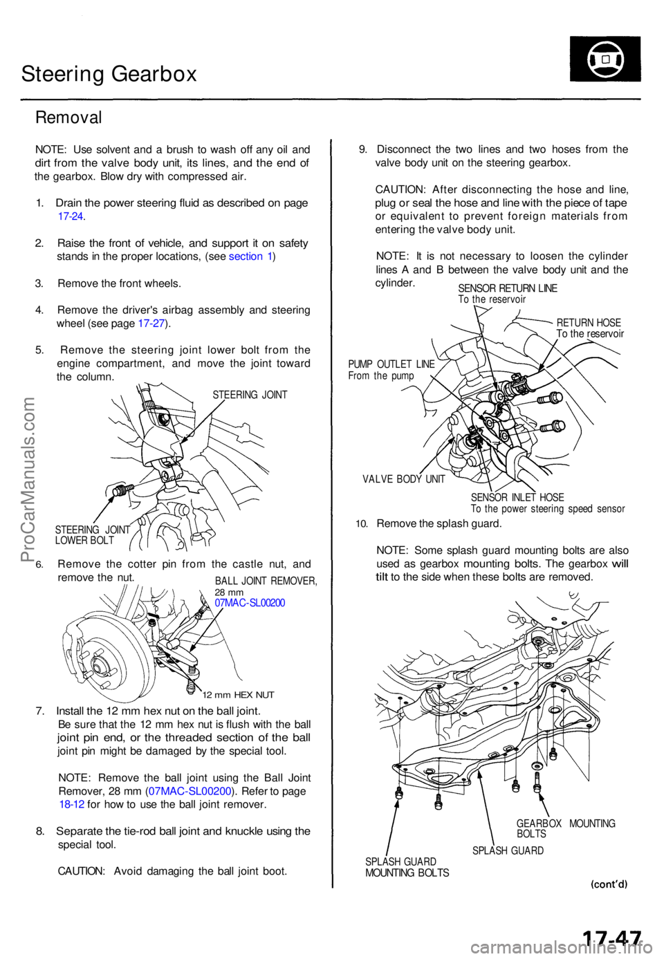 ACURA TL 1995  Service Repair Manual Steering Gearbo x
Remova l
NOTE: Us e solven t an d a  brus h t o was h of f an y oi l an d
dirt fro m th e valv e bod y unit , it s lines , an d th e en d o f
the gearbox . Blo w dr y wit h compresse