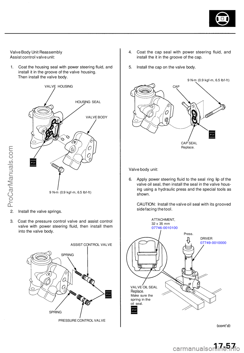 ACURA TL 1995  Service Repair Manual Valve Bod y Uni t Reassembl y
Assis t contro l valv e unit :
1 . Coa t th e housin g sea l wit h powe r steerin g fluid , an d
instal l i t i n  th e groov e o f th e valv e housing .
The n instal l t