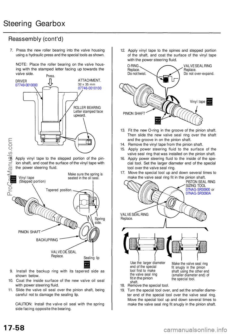 ACURA TL 1995  Service Repair Manual Steering Gearbo x
Reassembl y (cont'd )
7. Pres s th e ne w rolle r bearin g int o th e valv e housin g
usin g a  hydrauli c pres s an d th e specia l tool s a s shown .
NOTE : Plac e th e rolle r