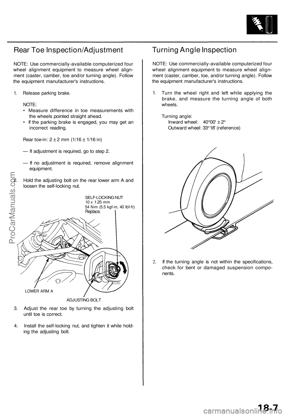 ACURA TL 1995 Service Repair Manual Rear To e Inspection/Adjustmen t
NOTE: Us e commercially-availabl e computerize d fou r
whee l alignmen t equipmen t t o measur e whee l align -
men t (caster , camber , to e and/o r turnin g angle) . ACURA TL 1995 Service Repair Manual Rear To e Inspection/Adjustmen t
NOTE: Us e commercially-availabl e computerize d fou r
whee l alignmen t equipmen t t o measur e whee l align -
men t (caster , camber , to e and/o r turnin g angle) .