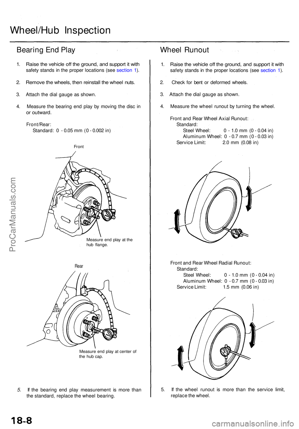 ACURA TL 1995 Service Repair Manual Wheel/Hub Inspectio n
Bearing En d Pla y
1. Rais e th e vehicl e of f th e ground , an d suppor t i t wit h
safet y stand s i n th e prope r location s (se e sectio n 1 ).
2 . Remov e th e wheels , t ACURA TL 1995 Service Repair Manual Wheel/Hub Inspectio n
Bearing En d Pla y
1. Rais e th e vehicl e of f th e ground , an d suppor t i t wit h
safet y stand s i n th e prope r location s (se e sectio n 1 ).
2 . Remov e th e wheels , t