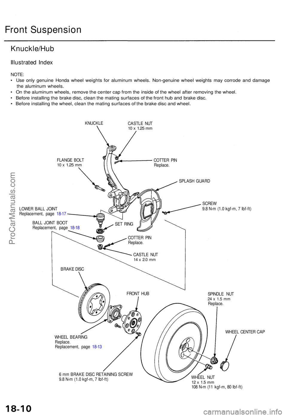 ACURA TL 1995 Service Repair Manual Front Suspensio n
Knuckle/Hu b
Illustrated Inde x
NOTE :
• Us e onl y genuin e Hond a whee l weight s fo r aluminu m wheels . Non-genuin e whee l weight s ma y corrod e an d damag e
th e aluminu m w ACURA TL 1995 Service Repair Manual Front Suspensio n
Knuckle/Hu b
Illustrated Inde x
NOTE :
• Us e onl y genuin e Hond a whee l weight s fo r aluminu m wheels . Non-genuin e whee l weight s ma y corrod e an d damag e
th e aluminu m w