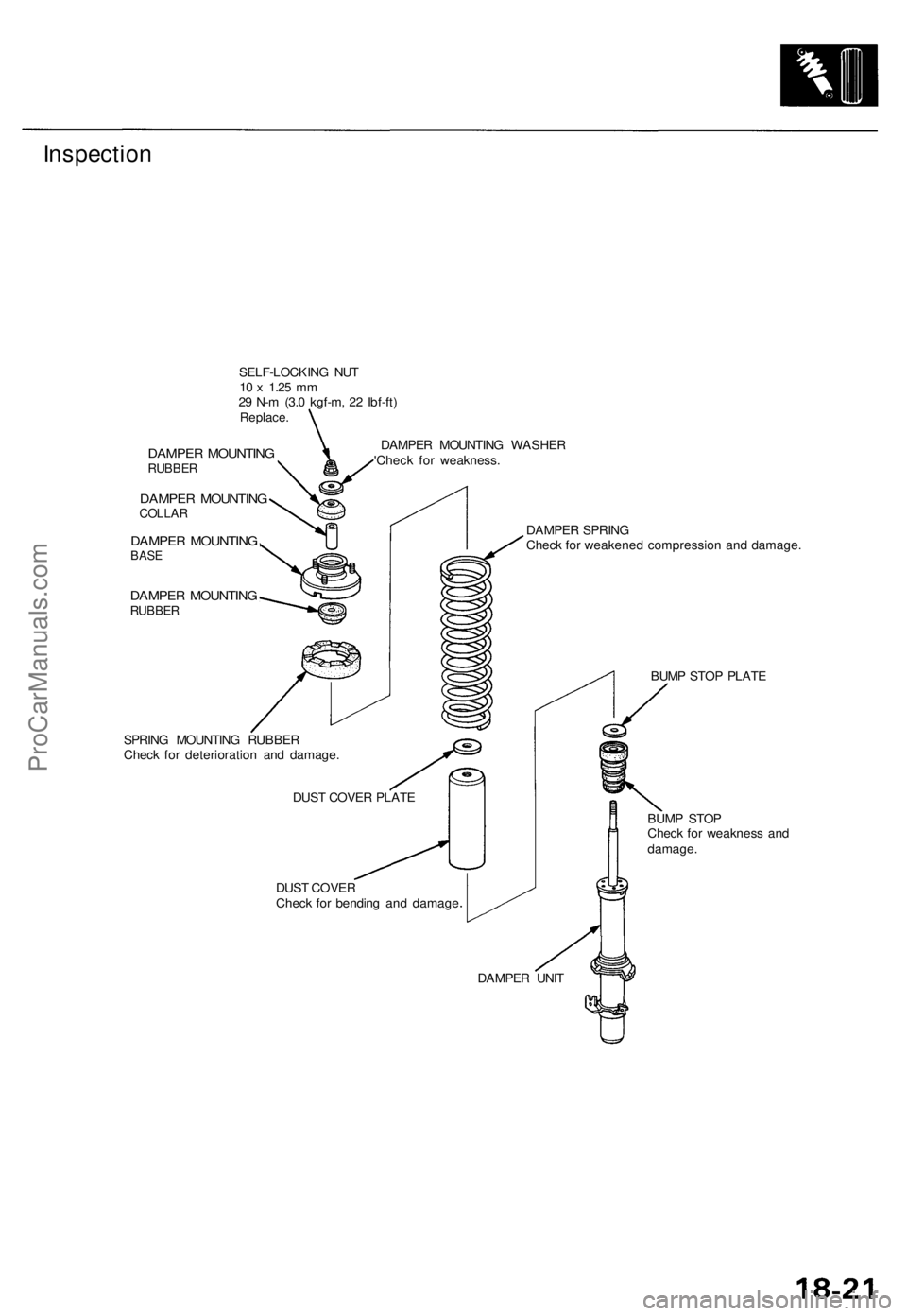 ACURA TL 1995  Service Repair Manual Inspection
SELF-LOCKIN G NU T10  x 1.2 5 mm29  N- m (3. 0 kgf-m , 2 2 Ibf-ft )Replace .
DAMPER MOUNTIN GRUBBER
DAMPE R MOUNTIN GCOLLAR
DAMPE R MOUNTIN GBASE
DAMPE R MOUNTIN GRUBBER
DAMPE R MOUNTIN G W